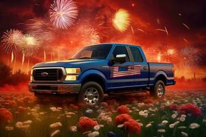 een oppakken vrachtauto met een vlag van de Verenigde staten staat in een veld- van bloemen en vuurwerk, patriottisch 1993 doorwaadbare plaats f150, in een veld- van bloemen, met een gouden terughalen, vuurwerk in de, ai gegenereerd foto
