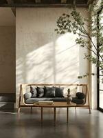 boho beige huiskamer met lounge bank, boom en ramen achtergrond. licht modern Japans natuur visie. 3d weergave. hoog kwaliteit 3d illustratie foto