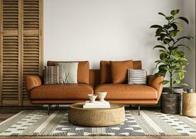 Afrikaanse helder huiskamer met groen plant, etnisch tapijt en oranje sofa achtergrond. licht modern Japans natuur interieur. 3d weergave. hoog kwaliteit 3d illustratie foto