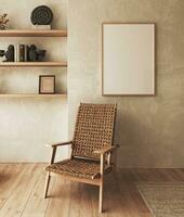 boho beige huiskamer met fauteuil en 1 afbeelding kader achtergrond. licht modern boerderij natuur interieur. 3d weergave. hoog kwaliteit 3d illustratie foto