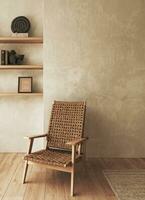 boho beige huiskamer met fauteuil en schappen achtergrond. licht modern boerderij natuur interieur. 3d weergave. hoog kwaliteit 3d illustratie foto