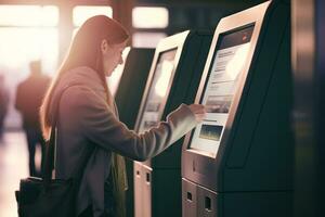 een passagier scannen hun elektronisch trein ticket Bij een station poort, illustreren de gemak van gebruik makend van e-tickets voor openbaar vervoer. foto