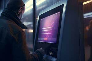 een passagier scannen hun elektronisch trein ticket Bij een station poort, illustreren de gemak van gebruik makend van e-tickets voor openbaar vervoer. foto