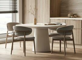 elegant keuken interieur ontwerp met beige tonen en houten accenten. modern minimalistisch stijl. 3d weergave. hoog kwaliteit 3d illustratie foto