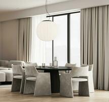 modern natuur stijl huiskamer interieur ontwerp met dining tafel en panoramisch venster achtergrond. 3d weergave. hoog kwaliteit 3d illustratie foto