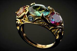 mooi oude gouden ring met veel divers groot duur edelstenen en wijnoogst ornament vorm geven aan. neurale netwerk gegenereerd kunst foto