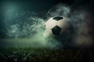 traditioneel voetbal bal Aan voetbal veld- Aan groen gras met donker afgezwakt mistig achtergrond. neurale netwerk gegenereerd kunst foto