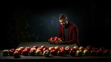Mens kiezen tussen rood en geel appels Aan houten tafel tegen donker achtergrond. foto