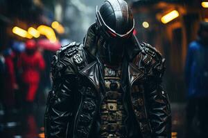 cyberpunk Mens. een karakter in een leer jasje met een helm Aan zijn hoofd in cyberpunk stijl tegen de backdrop van een wazig stad. geactiveerd door kunstmatig intelligentie- foto