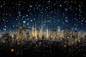 abstract nacht stad achtergrond met lichten en sneeuwvlokken, illustratie, pointillist illustratie van een stad horizon Bij nacht, met veel van stippen, ai gegenereerd foto