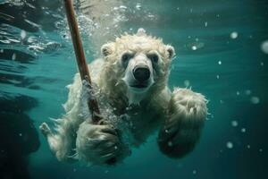 polair beer zwemmen onderwater- in de zwembad met een stok. afgezwakt, pool beer zwemmen onderwater- in een Speel omgeving, ai gegenereerd foto