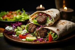 tortilla wraps met gehaktballen, groenten en tzatziki saus, ortilla inpakken met falafel en vers salade, ai gegenereerd foto