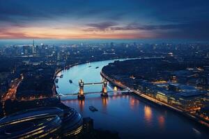 Londen horizon met toren brug Bij schemering, Engeland, Verenigde koninkrijk, panoramisch visie Aan Londen en Theems Bij schemering, van toren bruid, ai gegenereerd foto