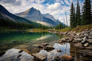 gletsjer nationaal park, Montana, Verenigde staten van Amerika, Aan de banken van de muur meer, achterzijde visie, alberta, Canada, ai gegenereerd foto