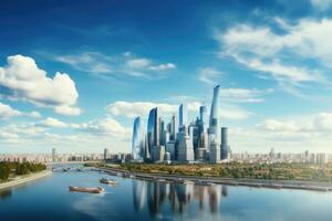 panoramisch visie van modern stad met wolkenkrabbers en rivier, panoramisch visie van Moskou-stad en Moskou rivier. Internationale bedrijf centrum in de dag, ai gegenereerd foto