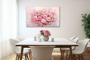 modern dining kamer interieur ontwerp met bloemen. 3d renderen bespotten omhoog, bloemblaadjes roos verzameling roze rozen vaas tafel favoriete wazig hoog groot canvas Australisch wilde bloemen, ai gegenereerd foto