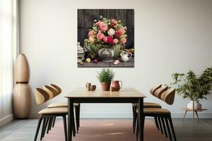 interieur van dining kamer met houten tafel, stoelen en bloemen. 3d veroorzaken, bloemblaadjes roos verzameling roze rozen vaas tafel favoriete wazig hoog groot canvas Australisch wilde bloemen, ai gegenereerd foto