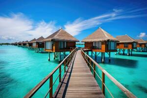 tropisch strand in Maldiven met weinig palm bomen en blauw lagune, Maldiven water bungalows, ai gegenereerd foto