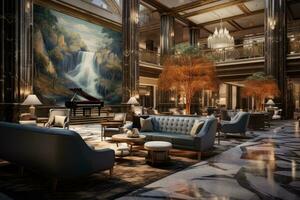 luxe hotel lobby interieur. 3d weergave, 3d illustratie, luxe interieur van een hotel lobby , ai gegenereerd foto