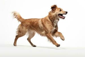 studio schot van een aanbiddelijk gemengd ras hond jumping tegen een wit achtergrond, gelukkig hond spelen kant visie in een wit achtergrond, ai gegenereerd foto