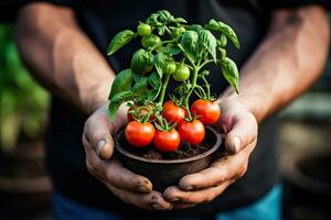 boer Holding vers tomaten in een pot. selectief focus. natuur, jong tomaat zaailing in een pot in de handen van een tuinman, ai gegenereerd foto