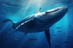 walvis zwemmen in de oceaan. onderwater- wereld. 3d weergave, walvis zwemmen in de diep blauw zee. gebochelde walvis in de oceaan, ai gegenereerd foto