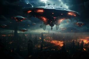 futuristische buitenaards wezen ruimteschip vliegend over- de stad. 3d weergave, oorlog van de wereld met gigantisch ruimteschepen bovenstaand een stad, tentakels hangende naar beneden van de schotelvormig ruimteschepen, ai gegenereerd foto