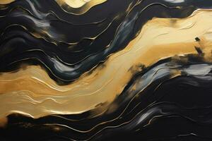 zwart en goud het marmeren structuur ontwerp. gouden marmeren patroon. vloeistof kunst, horizontaal zwart en goud olie schilderij golvend abstract patroon, ai gegenereerd foto