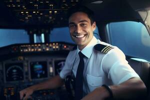 portret van piloot in vliegtuig cabine. generatief ai foto