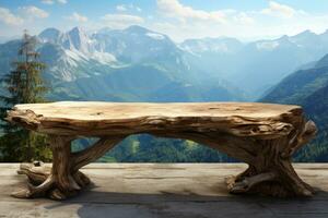 leeg houten tafel met bergen achtergrond. generatief ai foto