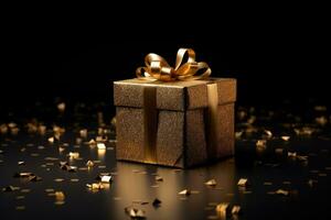 gouden geschenk doos met goud linten Aan een zwart achtergrond. geschenk, nieuw jaar, kerstmis, zwart vrijdag. ai generatief foto