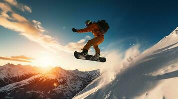 ai generatief winter extreem sport- koel schot van snowboard in beweging foto