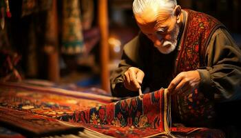 een oud Mens is het weven een tapijt Aan een weefgetouw ai gegenereerd foto