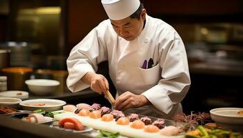 een chef is voorbereidingen treffen sushi Aan een snijdend bord ai gegenereerd foto