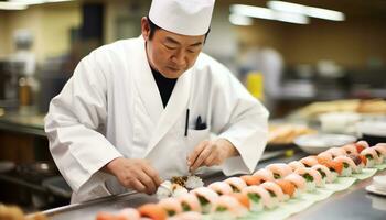 een chef is voorbereidingen treffen sushi Aan een snijdend bord ai gegenereerd foto