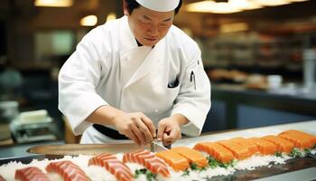 een chef is voorbereidingen treffen sushi Aan een snijdend bord ai gegenereerd foto