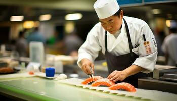 een chef is voorbereidingen treffen sushi Aan een snijdend bord ai gegenereerd foto