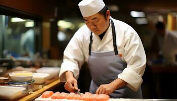 een chef is voorbereidingen treffen sushi Aan een snijdend bord ai gegenereerd foto