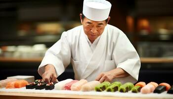 een chef is voorbereidingen treffen sushi Aan een snijdend bord ai gegenereerd foto