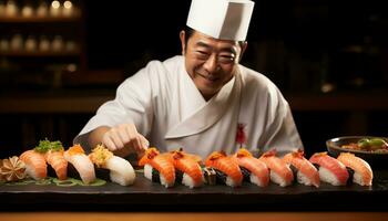 een chef is voorbereidingen treffen sushi Aan een snijdend bord ai gegenereerd foto