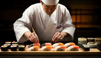 een chef is voorbereidingen treffen sushi Aan een snijdend bord ai gegenereerd foto