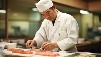 een chef is voorbereidingen treffen sushi Aan een snijdend bord ai gegenereerd foto