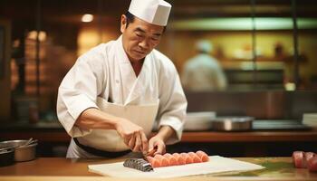 een chef is voorbereidingen treffen sushi Aan een snijdend bord ai gegenereerd foto