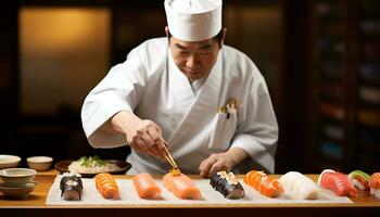 een chef is voorbereidingen treffen sushi Aan een snijdend bord ai gegenereerd foto