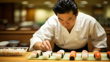 een chef is voorbereidingen treffen sushi Aan een snijdend bord ai gegenereerd foto