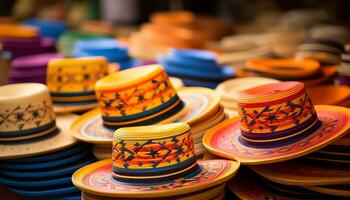 een Mens in een hoed is werken Aan een tafel met kleurrijk hoeden ai gegenereerd foto