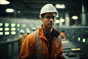 mannetje ingenieur in veiligheid helm en bril werken Aan fabriek of elektrisch station. ai generatief foto