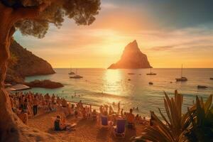 mooi zonsondergang over- de strand in Rio de janeiro, Brazilië, pittoreske visie van cala d'hort tropisch strand, mensen chillen in mooi strand met es vedra rots visie gedurende, ai gegenereerd foto