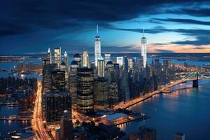 antenne visie van lager Manhattan, nieuw york stad, Verenigde Staten van Amerika, panoramisch visie Aan Manhattan Bij nacht, nieuw york, Verenigde Staten van Amerika, ai gegenereerd foto