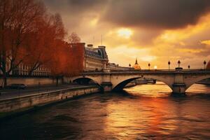 mooi visie van Seine rivier- Bij zonsondergang, Parijs, Frankrijk, Parijs Frankrijk met rivier- Seine - verbazingwekkend reizen fotografie, ai gegenereerd foto